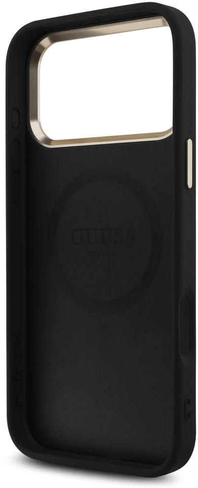 „Guess“ PU odos 4G strassinis trikampio logotipas su auksiniu rėmeliu, „MagSafe“ dėklas, skirtas „iPhone 18 Pro Max“, juodas