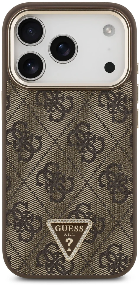 Dėklas Guess PU Leather 4G Strass Triangle Logo Gold Frame MagSafe Case for iPhone 18 Pro Brown
