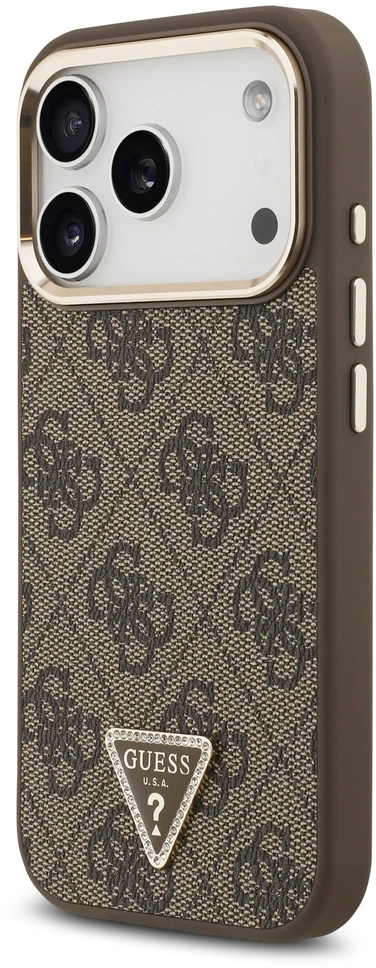 Dėklas Guess PU Leather 4G Strass Triangle Logo Gold Frame MagSafe Case for iPhone 18 Pro Brown