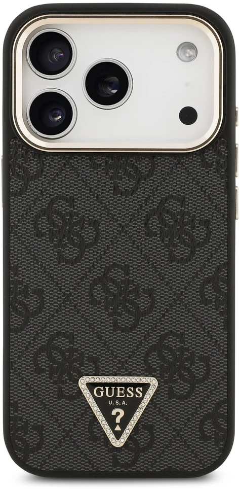 Dėklas Guess PU Leather 4G Strass Triangle Logo Gold Frame MagSafe Case for iPhone 18 Pro Juodas