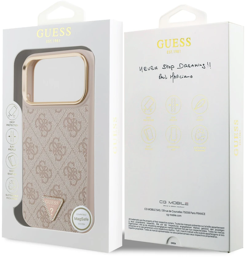 „Guess“ PU odos 4G strass trikampio logotipo auksinio rėmelio „MagSafe“ dėklas, skirtas „iPhone 18 Pro Max“, rožinis
