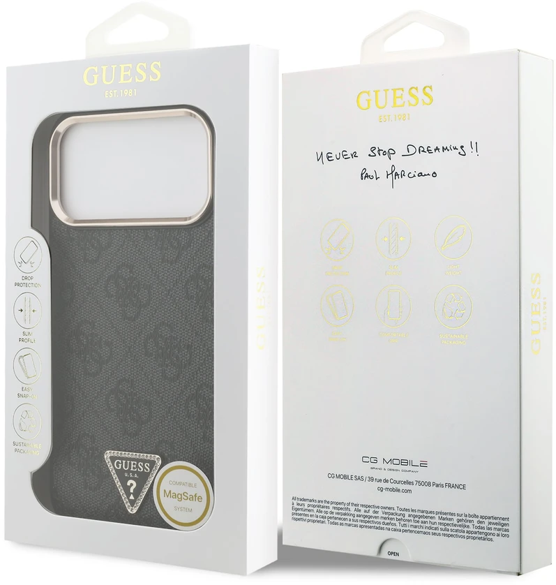 „Guess“ PU odos 4G strassinis trikampio logotipas su auksiniu rėmeliu, „MagSafe“ dėklas, skirtas „iPhone 18 Pro Max“, juodas