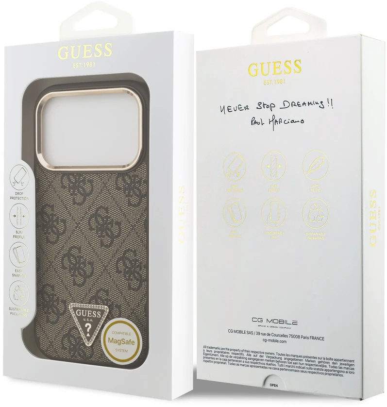 Dėklas Guess PU Leather 4G Strass Triangle Logo Gold Frame MagSafe Case for iPhone 18 Pro Brown