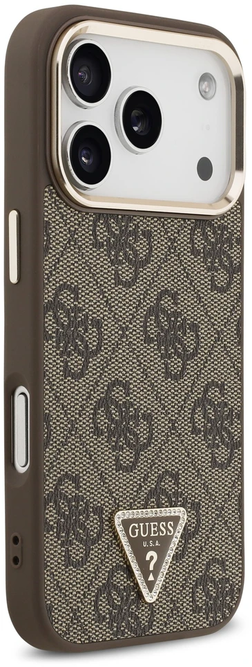 Dėklas Guess PU Leather 4G Strass Triangle Logo Gold Frame MagSafe Case for iPhone 18 Pro Brown