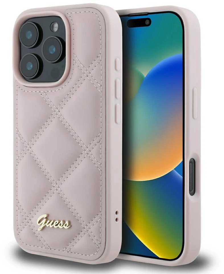 Guess Quilted Metal Logo Apple iPhone 16 Pro - dėklas telefonui rožinės spalvos