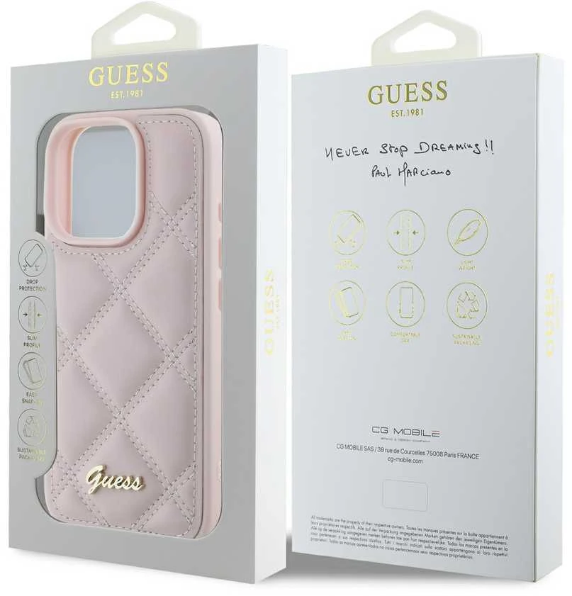 Guess Quilted Metal Logo Apple iPhone 16 Pro - dėklas telefonui rožinės spalvos