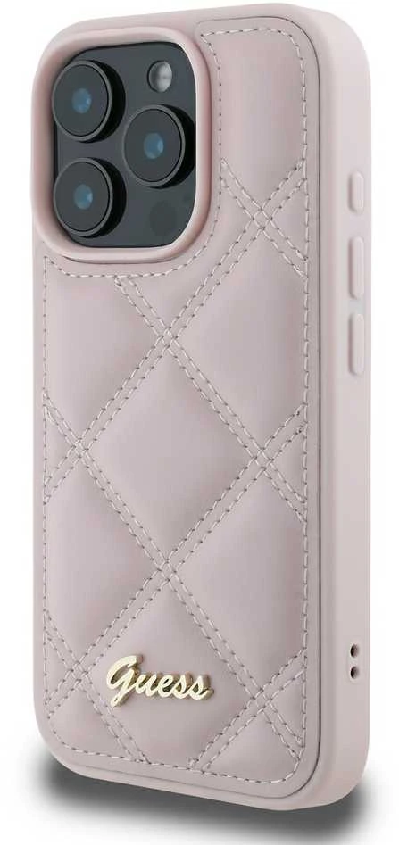 Guess Quilted Metal Logo Apple iPhone 16 Pro - dėklas telefonui rožinės spalvos