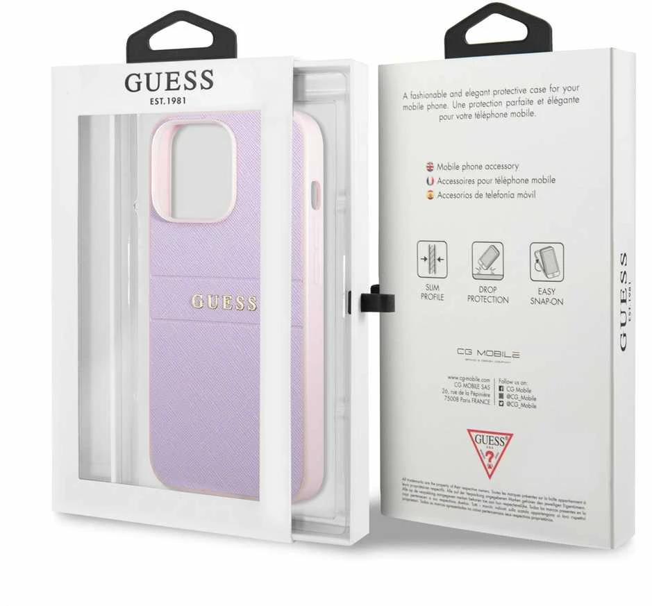 Dėklas Guess GUHCP13LPSASBPU iPhone 13 Pro / 13 6,1" purpurowy/violetinė Saffiano Hot Stamp & Metal Logo