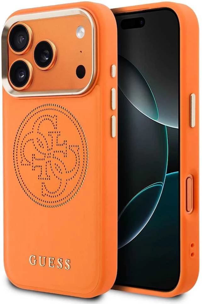 Guess PU Perforated 4G Logo MagSafe dėklas skirtas Apple iPhone 17 Pro oranžinės spalvos