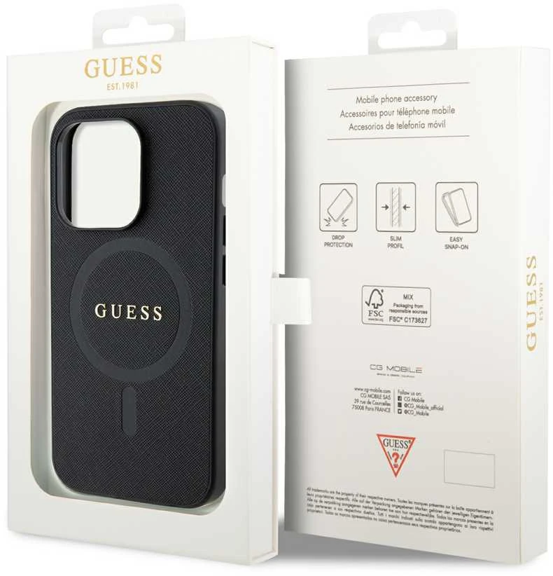 Guess PU Saffiano MagSafe dėklas skirtas Apple iPhone 15 Pro Max juodos spalvos