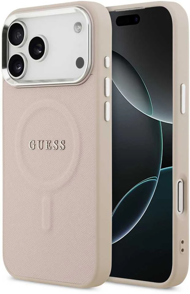 Guess PU Saffiano MagSafe dėklas skirtas Apple iPhone 17 Pro rožinės spalvos