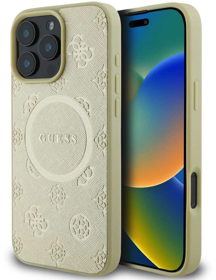 Guess GUHMP16LPSAPSMED Apple iPhone 16 Pro 6.3″ auksinis kietas dėklas Saffiano Peony Classic Logo MagSafe