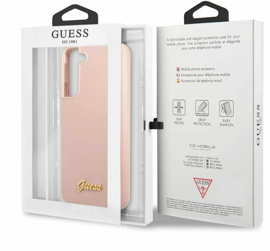Guess GUHCS22MLSLMGPP S22+ S906 rožinės spalvos kietas dėklas Silicone Script Metal Logo
