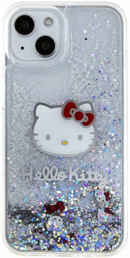 Hello Kitty HKHCP15SLIKHET Apple iPhone 15 /14 / 13 6.1" sidabro spalvos kietas dėklas su skystų blizgučių pakabukais rinkinys
