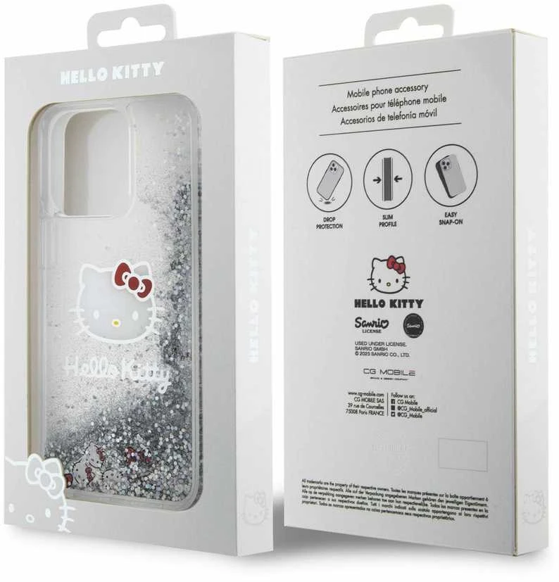 Hello Kitty HKHCP15XLIKHET Apple iPhone 15 Pro Max 6.7″ sidabrinis kietas dėklas Liquid Glitter Charms Kitty