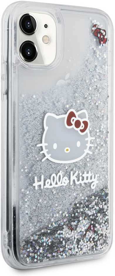 Hello Kitty HKHCN61LIKHET Apple iPhone 11 / Xr 6.1″ sidabrinis kietas dėklas Liquid Glitter Charms Kitty Hea
