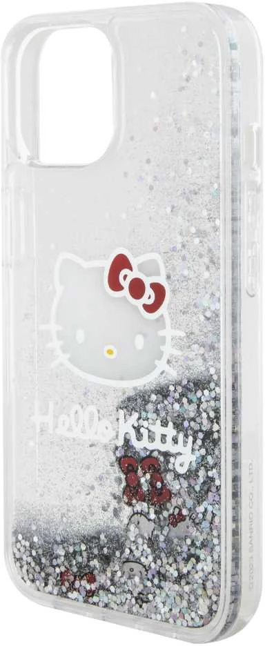 Hello Kitty HKHCP15SLIKHET Apple iPhone 15 /14 / 13 6.1" sidabro spalvos kietas dėklas su skystų blizgučių pakabukais rinkinys