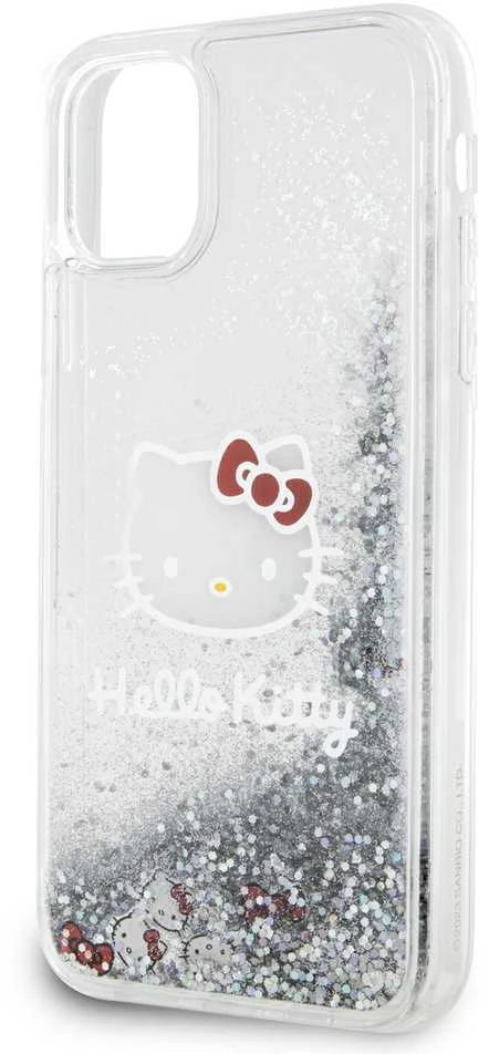 Hello Kitty HKHCN61LIKHET Apple iPhone 11 / Xr 6.1″ sidabrinis kietas dėklas Liquid Glitter Charms Kitty Hea