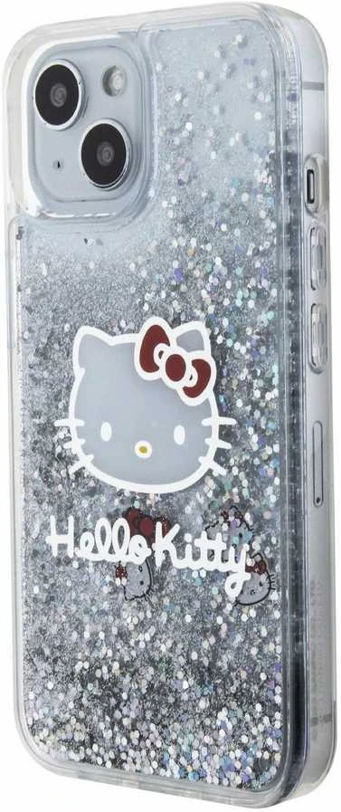 Hello Kitty HKHCP15SLIKHET Apple iPhone 15 /14 / 13 6.1" sidabro spalvos kietas dėklas su skystų blizgučių pakabukais rinkinys