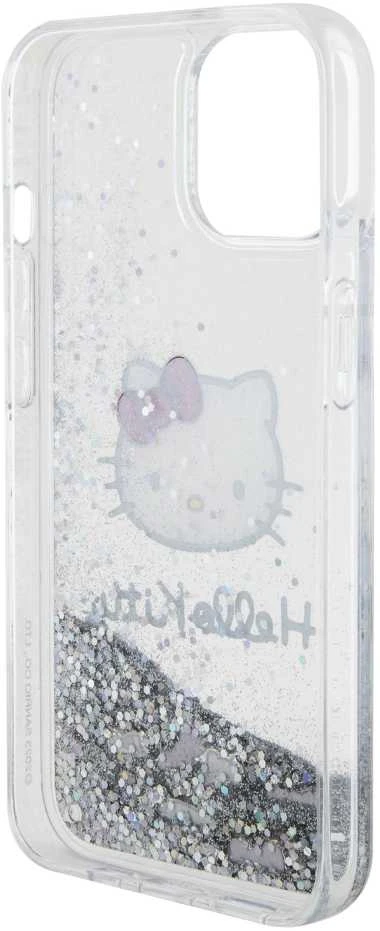 Hello Kitty HKHCP15SLIKHET Apple iPhone 15 /14 / 13 6.1" sidabro spalvos kietas dėklas su skystų blizgučių pakabukais rinkinys