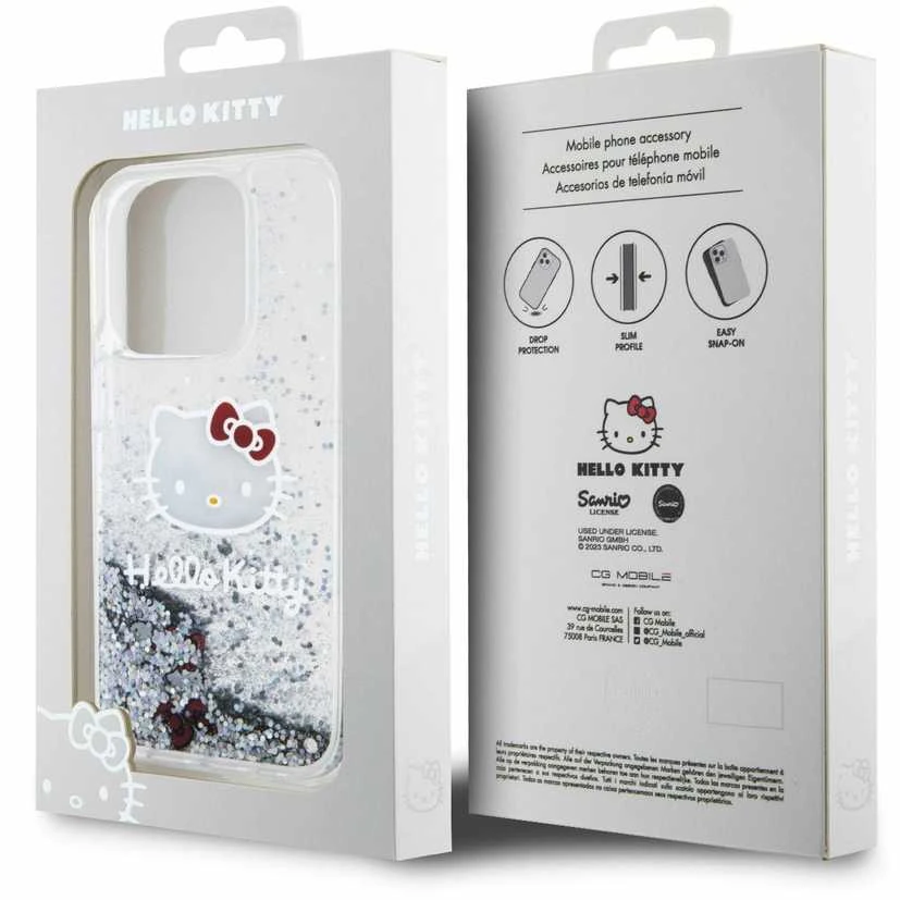 Hello Kitty HKHCP15LLIKHET Apple iPhone 15 Pro 6.1″ sidabrinis kietas dėklas Liquid Glitter Charms Kitty Hea
