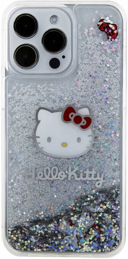 Hello Kitty HKHCP15XLIKHET Apple iPhone 15 Pro Max 6.7″ sidabrinis kietas dėklas Liquid Glitter Charms Kitty