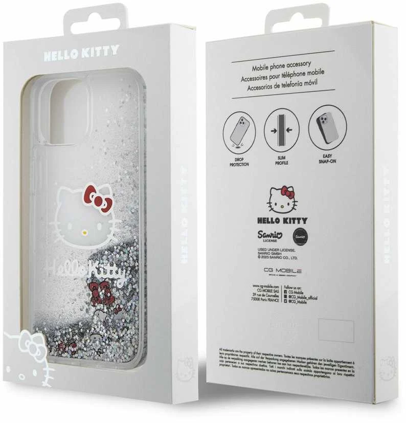Hello Kitty HKHCP15SLIKHET Apple iPhone 15 /14 / 13 6.1" sidabro spalvos kietas dėklas su skystų blizgučių pakabukais rinkinys