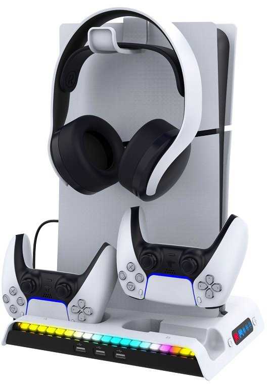 iPega P5S006 daugiafunkcis įkrovimo RGB stovas su aušinimu, skirtas PS5 Slim Baltas