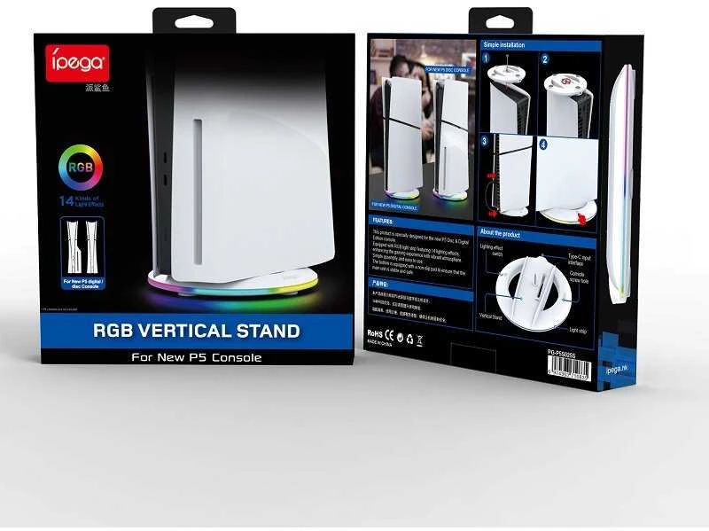 Dėklas „iPega P5S025S“ vertikalus stovas su RGB šviesa, skirtas „PS5 Slim“ / „PS5 Pro Baltas“