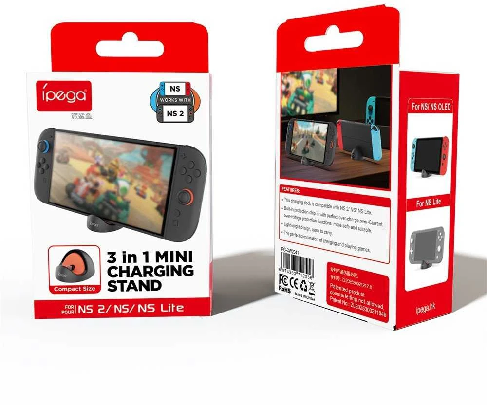 iPega SW2041 Mini Charger Dock for Switch Lite/Nintendo Switch/Nintendo Switch 2 juodos spalvos/raudonos spalvos