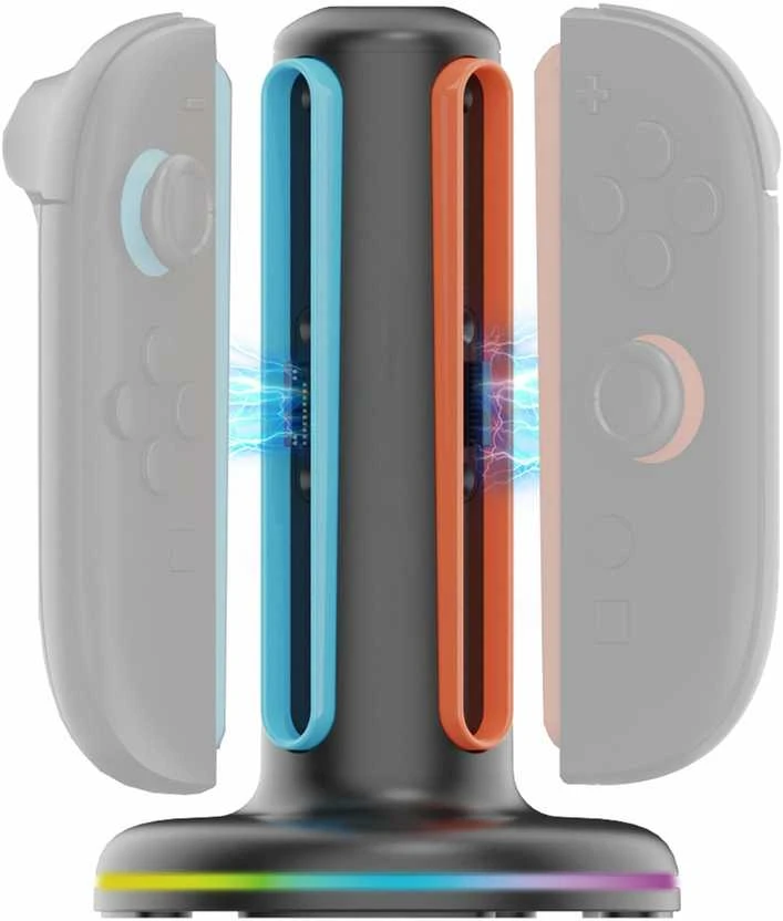 „iPega SW2052“ įkroviklio stotelė su RGB šviesa, skirta „JoyCon“ valdikliams, „Nintendo Switch 2“, juoda