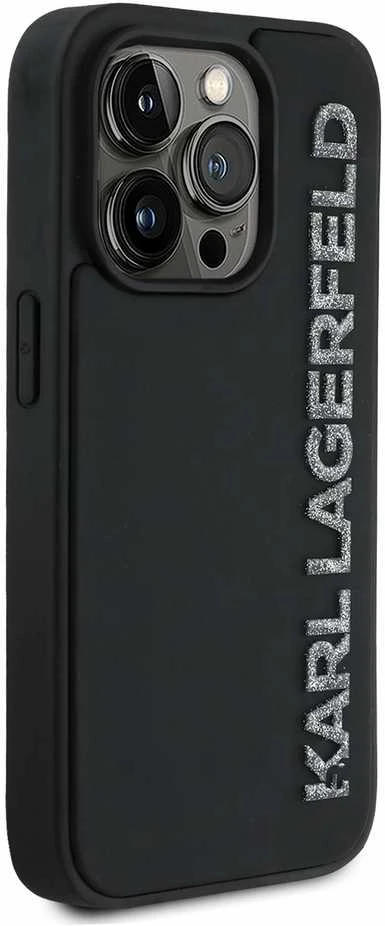 Karl Lagerfeld 3D Rubber Glitter Logo Apple iPhone 14 Pro dėklas telefonui juodos spalvos