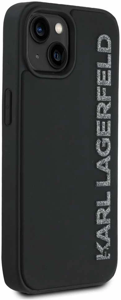 Karl Lagerfeld 3D Rubber Glitter Logo Apple iPhone 15 dėklas telefonui juodos spalvos