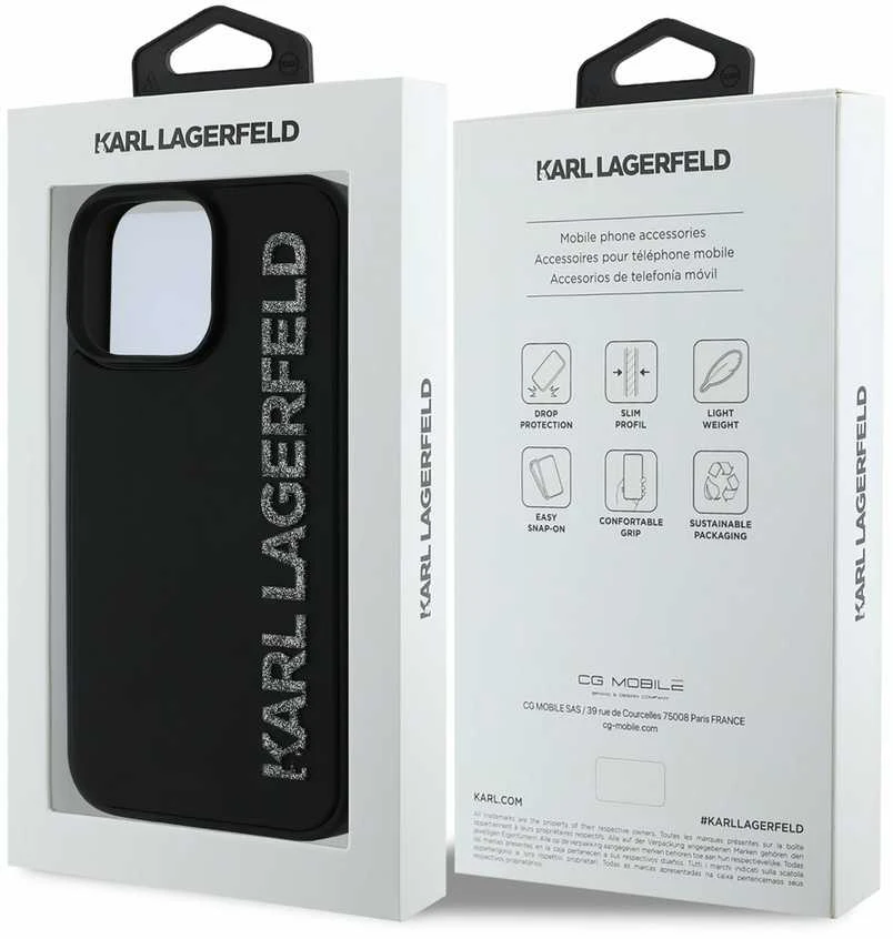 Karl Lagerfeld 3D Rubber Glitter Logo Apple iPhone 15 Pro Max dėklas telefonui juodos spalvos