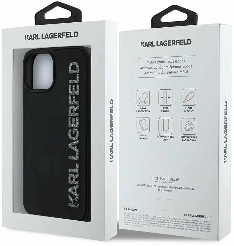 Karl Lagerfeld 3D Rubber Glitter Logo Apple iPhone 13 dėklas telefonui juodos spalvos