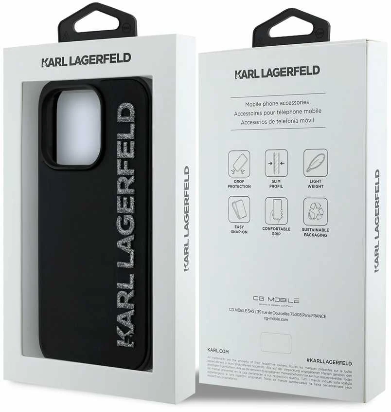 Karl Lagerfeld 3D Rubber Glitter Logo Apple iPhone 14 Pro dėklas telefonui juodos spalvos