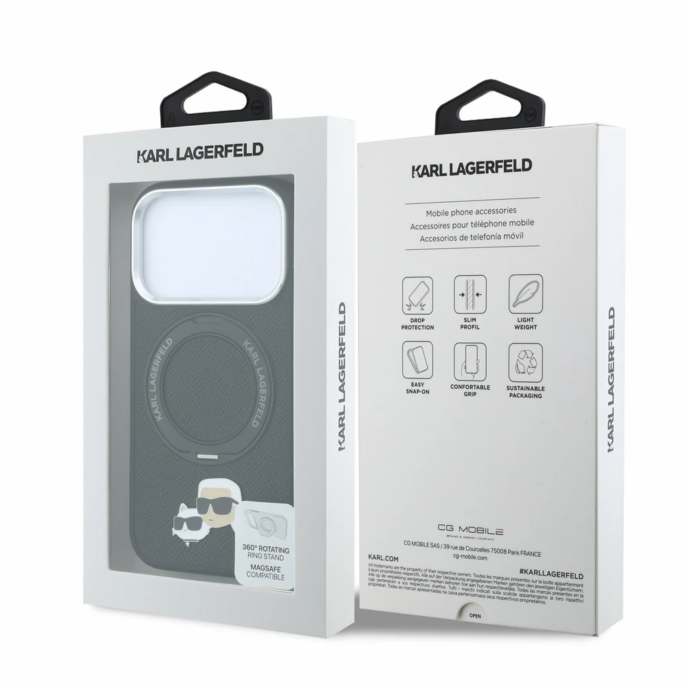 Dėklas Karl Lagerfeld arl Lagerfeld PU Grained K&CH Heads Ring Stand Magsafe Case for iPhone 18 Pro Max Juodas