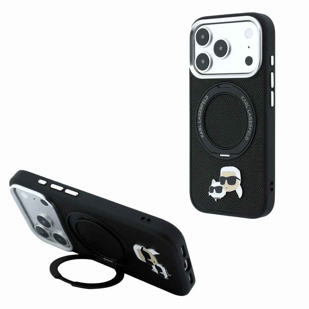 Dėklas Karl Lagerfeld arl Lagerfeld PU Grained K&CH Heads Ring Stand Magsafe Case for iPhone 18 Pro Max Juodas