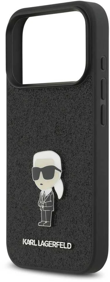 Karl Lagerfeld Fixed Glitter Metal Ikonik dėklas skirtas Apple iPhone 17 Pro juodos spalvos