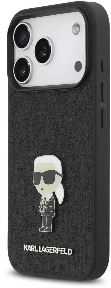 Karl Lagerfeld Fixed Glitter Metal Ikonik dėklas skirtas Apple iPhone 17 Pro juodos spalvos