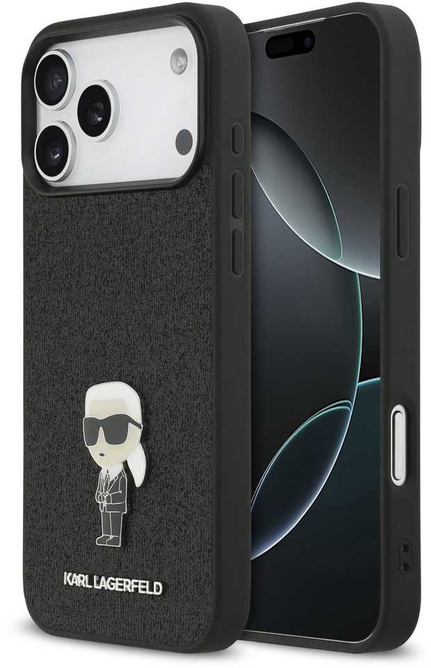 Karl Lagerfeld Fixed Glitter Metal Ikonik dėklas skirtas Apple iPhone 17 Pro Max juodos spalvos