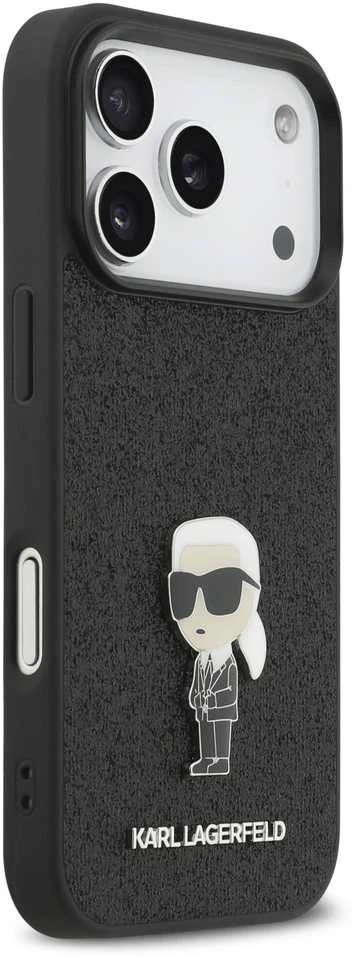 Karl Lagerfeld Fixed Glitter Metal Ikonik dėklas skirtas Apple iPhone 17 Pro juodos spalvos
