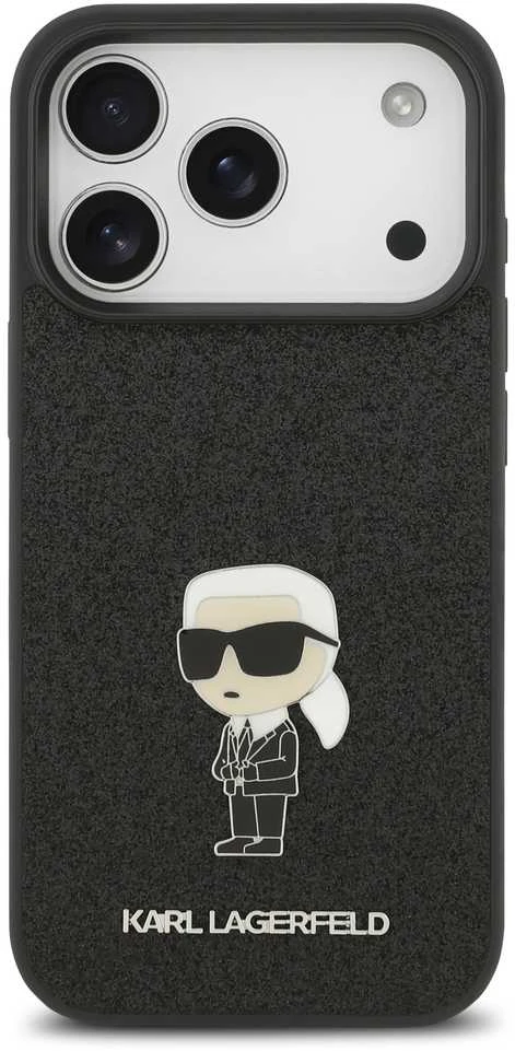Karl Lagerfeld Fixed Glitter Metal Ikonik dėklas skirtas Apple iPhone 17 Pro juodos spalvos