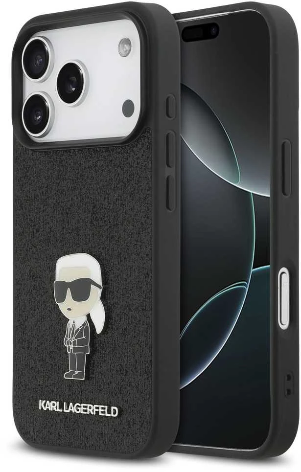 Karl Lagerfeld Fixed Glitter Metal Ikonik dėklas skirtas Apple iPhone 17 Pro juodos spalvos