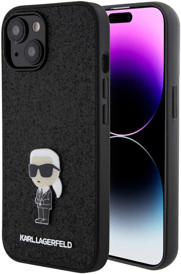 Karl Lagerfeld KLHCP15SGKNPSK Apple iPhone 15/ 14 / 13 6.1″ juodos spalvos kietas dėklas Fixed Glitter Ikonik Log