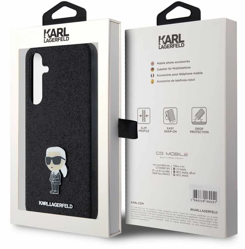 Karl Lagerfeld KLHCSA35GKNPSK A35 A356 juodos spalvos kietas dėklas Fixed Glitter Ikonik Logo Metal Pin