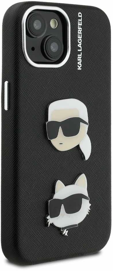 Karl Lagerfeld Grained PU K&CH Heads dėklas skirtas Apple iPhone 15 juodos spalvos