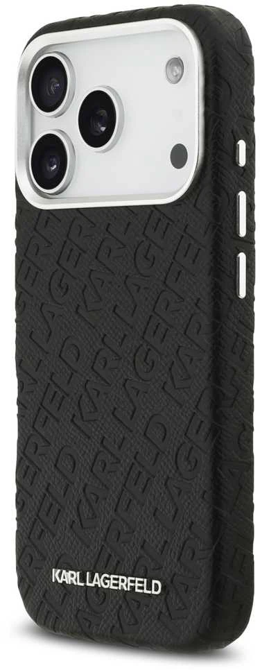Karl Lagerfeld Grained PU Repeated Logo MagSafe dėklas skirtas Apple iPhone 17 Pro juodos spalvos