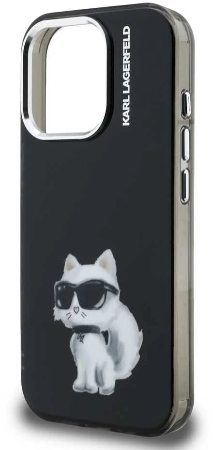 Karl Lagerfeld IML Aquarelle Choupette dėklas Apple iPhone 15 Pro juodos spalvos