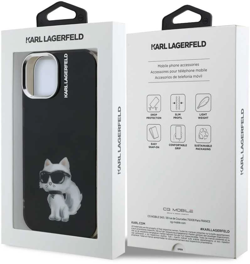 Karl Lagerfeld IML Aquarelle Choupette dėklas Apple iPhone 15 juodos spalvos
